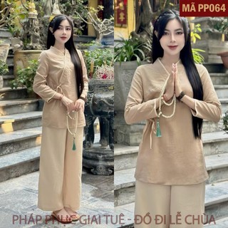 Mã PP064 Be Kem_Pháp Phục Thanh Lịch Đi Lễ Chùa Cho Nữ Màu Áo Xanh Be Quần Dài Kem, Chất Liệu Đũi Xước Nhật Mềm Mại.