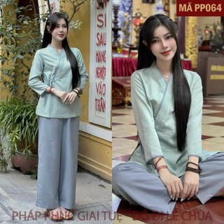 Mã PP064 Xanh & Ghi_Pháp Phục Thanh Lịch Đi Lễ Chùa Cho Nữ Màu Áo Xanh Ngọc Quần Dài Ghi Đá, Chất Liệu Đũi Xước Nhật.