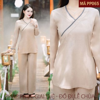 Mã PP065 Be_Pháp Phục Thanh Lịch Đi Lễ Chùa Cho Nữ Mã Đũi Trơn Cổ Chữ V, Chất Liệu Đũi Mềm Mại Thoáng Mát.