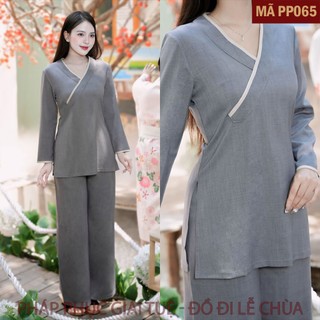 Mã PP065 Ghi_Pháp Phục Thanh Lịch Đi Lễ Chùa Cho Nữ Mã Đũi Trơn Cổ Chữ V, Chất Liệu Đũi Mềm Mại Thoáng Mát.