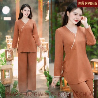 Mã PP065 Nâu_Pháp Phục Thanh Lịch Đi Lễ Chùa Cho Nữ Mã Đũi Trơn Cổ Chữ V, Chất Liệu Đũi Mềm Mại Thoáng Mát.