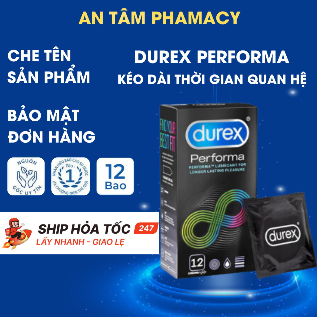 Bao Cao Su DUREX PERFORMA Kéo Dài Thời Gian, Hộp 12 Hàng Chính Hãng, có che tên