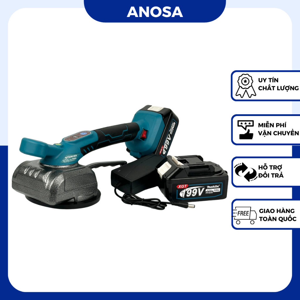 Máy ốp lát gạch men, máy đầm rung dùng pin Makita 18-21V chân phổ thông, nút cảm ứng, 5 cấp tốc rung