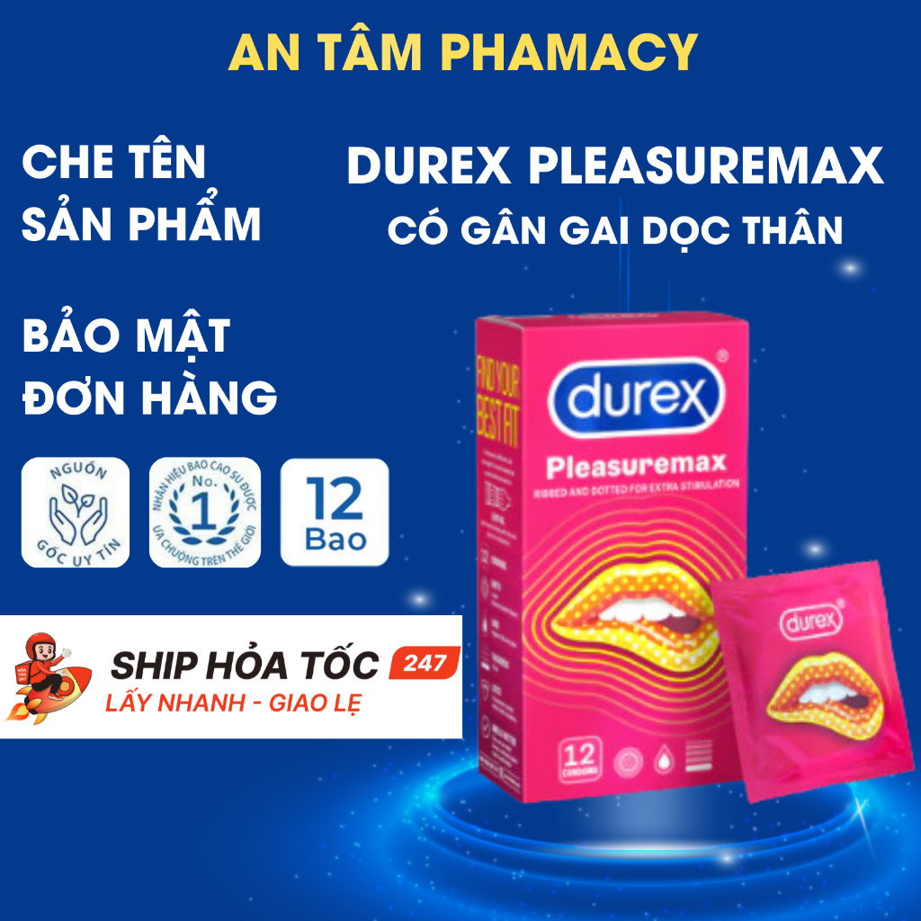 Hộp 12 Bao Cao Su Durex Pleasuremax - Bao Cao Su Gân Gai Mỏng Chính Hãng, CÓ CHE TÊN