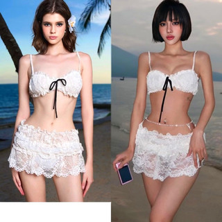 107 - Set áo croptop bikini ren gắn nơ + Chân váy ren