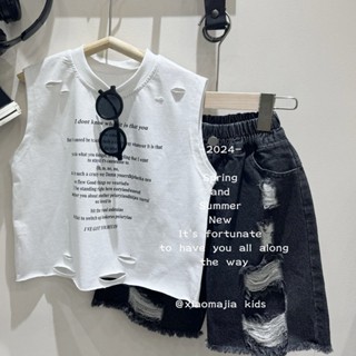 SB24_3 Set bộ bé trai áo sát nách cắt cá tính quần short jean mềm phong cách Hàn Quốc cho bé form từ 15kg đến 32kg