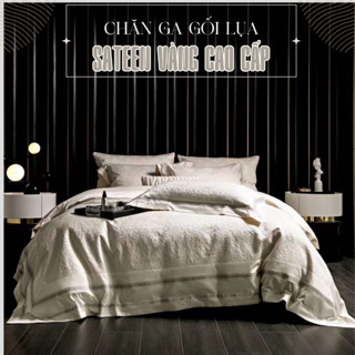 Bộ chăn ga gối lụa sateen vàng cao cấp mẫu 3 Genji Decor đầy đủ kích thước đệm