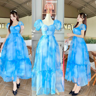 Đầm maxi đi biển babydoll dáng dài hoạ tiết mây xanh -Maxingoclan