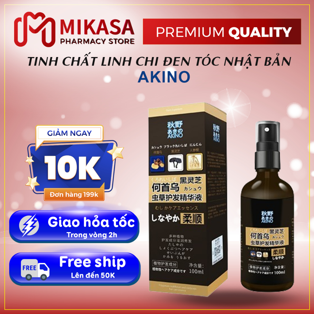 Tinh Chất Nấm Linh Chi Kích Đen Tóc Akino Nhật Bản - Xịt Đen Tóc Akino Thảo Dược Phủ Bạc, Nuôi Tóc Đen Dày 100ml