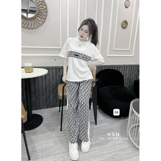 Set hoạ tiết thể thao áo cộc tay + quần suông dài