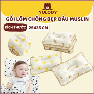Gối xô lõm Yolody gối sơ sinh muslin lõi bông tự nhiên chống méo đầu, thấm hút mồ hôi kích thước 25x35 cm