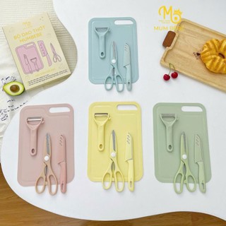 Bộ dao thớt chế biến ăn dặm cho bé 4 chi tiết , bộ dụng cụ chế biến đồ ăn dặm cho bé
