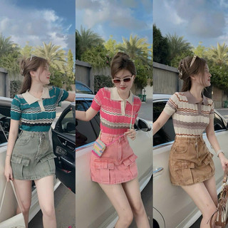 Áo len polo cổ bẻ phối màu hoạ tiết lượn sóng siêu sang