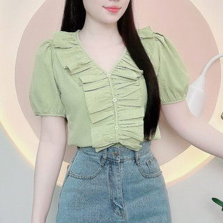 Áo sơ mi nữ xếp ly viền cổ tim xinh xắn lamo- b1313