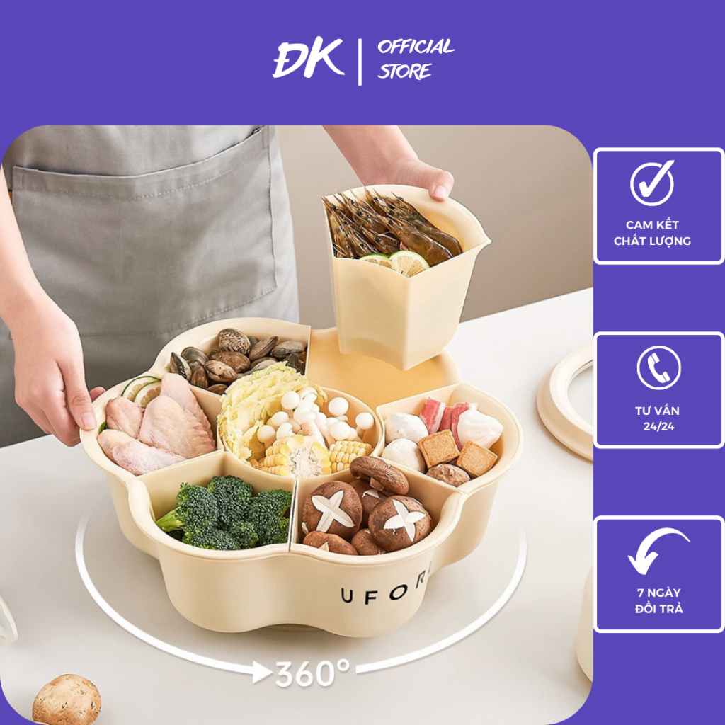 Khay Đựng Đồ Ăn, Khay Đựng Đồ Ân Lẩu UFORU 7 Ngăn Có Đế Xoay 360 Độ Gia Dụng ĐK