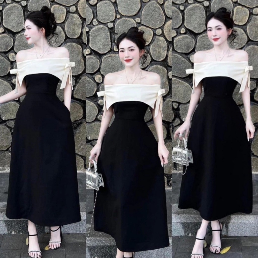 Váy trễ vai, đầm hở vai đen nơ hai bên vai dáng dài phù hợp đi làm, đi chơi tiệc(0002386)