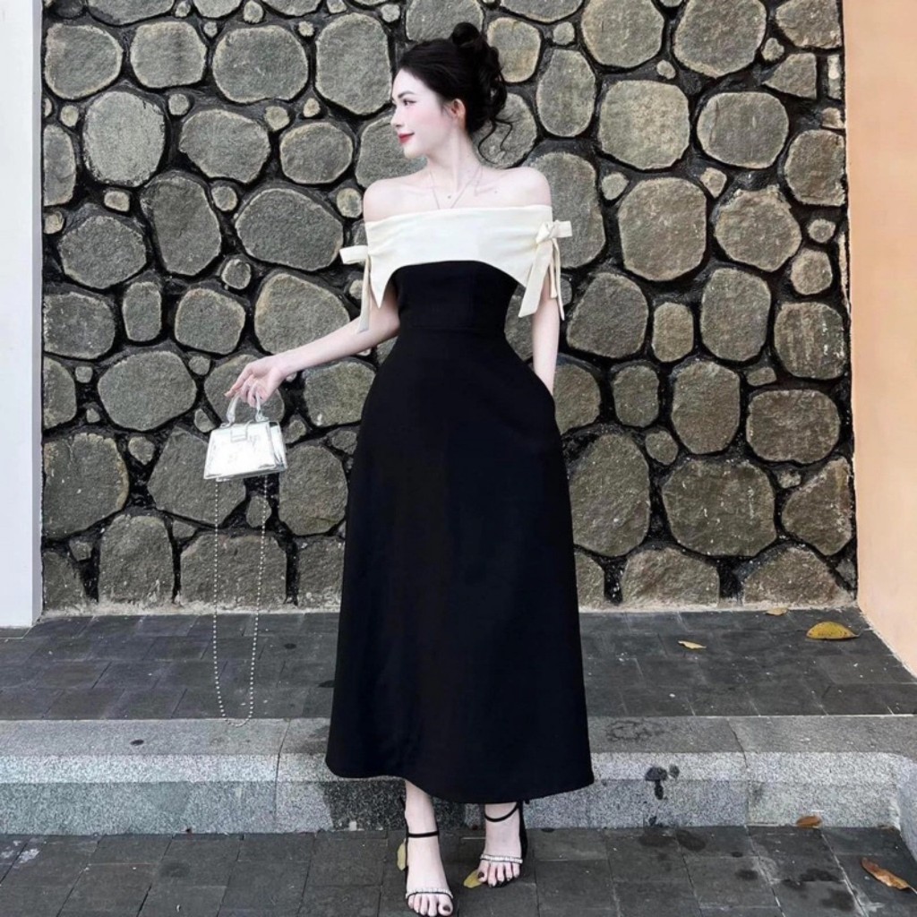 Váy trễ vai, đầm hở vai đen nơ hai bên vai dáng dài phù hợp đi làm, đi chơi tiệc(0002386) | BigBuy360 - bigbuy360.vn