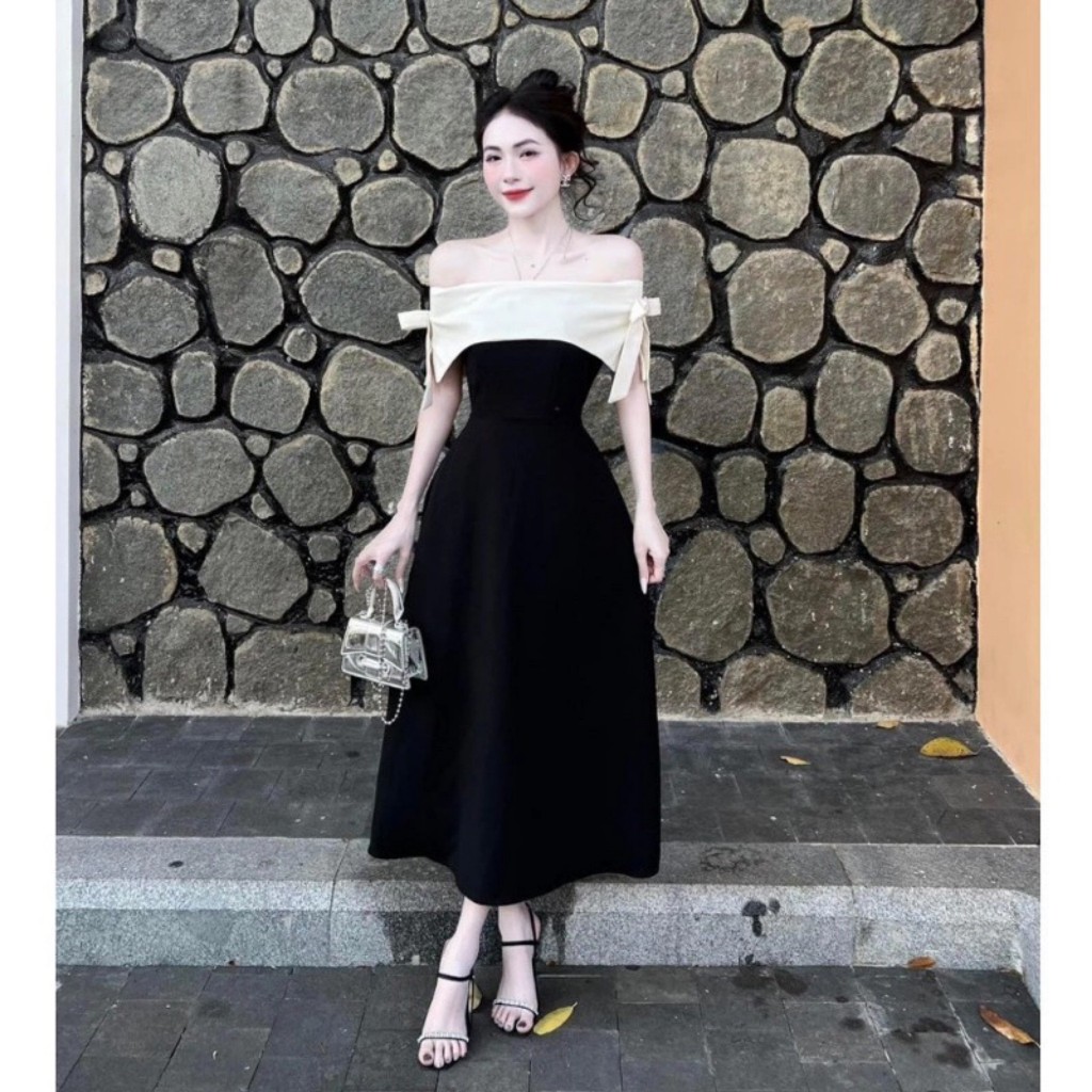 Váy trễ vai, đầm hở vai đen nơ hai bên vai dáng dài phù hợp đi làm, đi chơi tiệc(0002386) | BigBuy360 - bigbuy360.vn