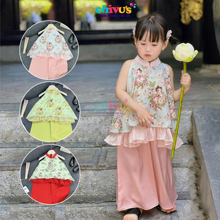 sét yếm lụa bé gái kèm quần lụa bà ba, đồ bộ bé gái chất gấm lụa loại 1 siêu đẹp cho bé 10-30kg diện trung thu, lễ hội