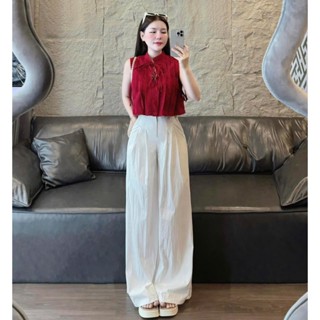 Set bộ thiết kế thanh lịch cho nàng công sở đi làm, dạo phố, set áo đỏ sát tay cột nơ phối quần suông kem chất tuyết mưa