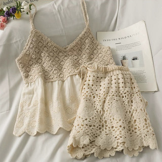 Set bộ đồ đi biển đi chơi du lịch ren sợi móc gồm áo 2 dây babydoll mix quần sooc ren