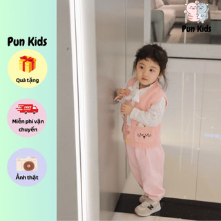 Áo gile len thu đông màu hồng, màu kem chất len mền mịn cho bé gái từ 8 - 18kg AMĐ21