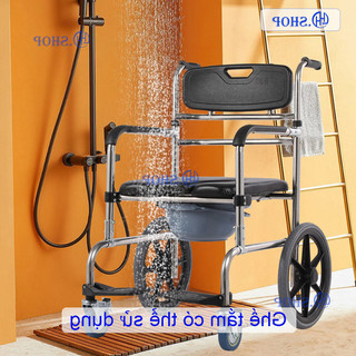 Tay nghề Đức-Ghế ngồi bằng da tắm Big Wheel Ghế bô 4 trong 1 dùng như xe lăn, ghế tắm, ghế bô vệ sinh, ghế ngồi