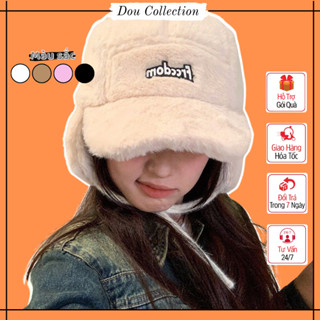 Mũ len unisex nam nữ, Nón lông trơn họa tiết trơn in chữ FreeDom phối dây kèm che tai thời trang thu đông - Mã NL031