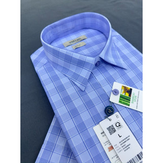 Áo sơ mi ngắn tay lai ngang Việt Tiến chính hãng, nền Tím Xanh, sọc Caro Hiện đại trẻ trung 
