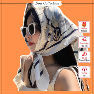 Khăn lụa vuông làm áo unisex, Khăn turban 70x70cm chất chiffon cao cấp họa tiết thuyền buồm cổ điển - Mã KL012