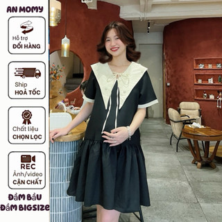 🍀(𝘾Ó 𝘽𝙄𝙂𝙎𝙄𝙕𝙀/❤️𝘽Ầ𝙐)AM03 váy đũi cổ vạt đính ngọc 2 lớp  bầu bí bon chen-babydoll-An Momy- Váy bầu