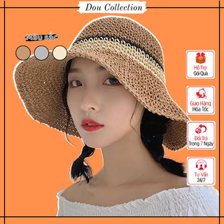 Nón Cói form mềm unisex, Mũ cói vành rộng họa tiết trơn phối vành cầu vồng thời trang biển phong cách Hàn - Mã NC014