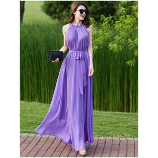 Đầm thời trang nữ đi tiệc chất voan chingfon cổ tròn không tay dáng vãy xếp ly có lót dài maxi tôn dáng