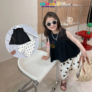 Đồ bộ bé gái gồm áo thô sát nách mix với quần đũi suông họa tiết chấm bi xinh xắn cho bé đi học đi chơi năng động