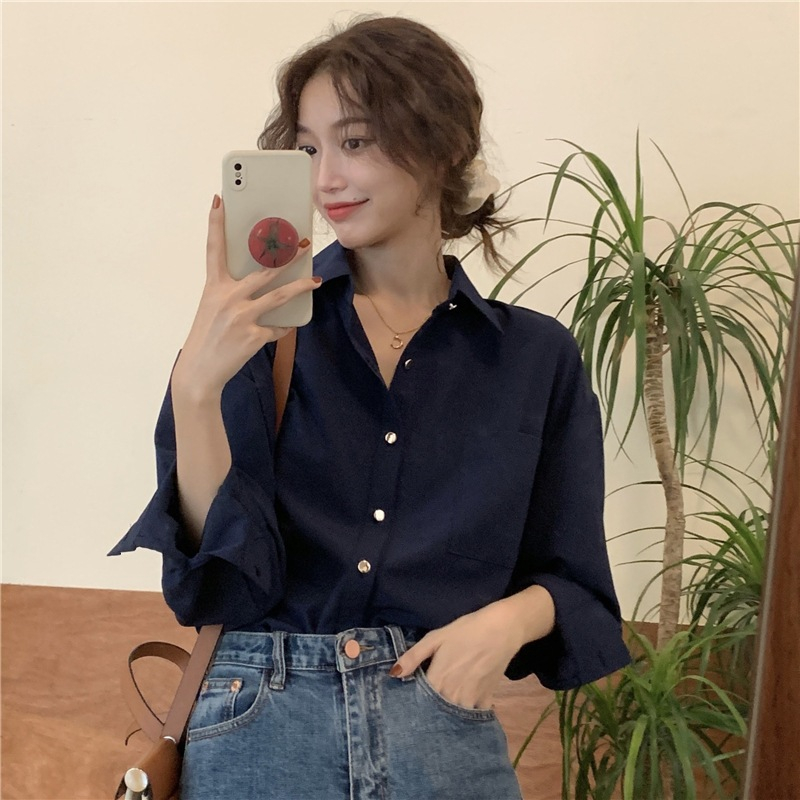 Áo sơ mi công sở nữ dài tay form rộng SANJOLI kiểu hàn basic màu xanh than cúc trắng thoáng AO014