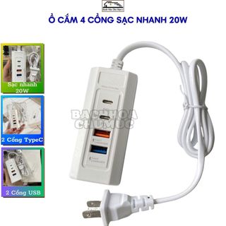 Ổ Cắm Sạc Nhanh 20W 4 Cổng Kết Nối Sạc Điện Thoại Máy Tính Và Các Thiết Bị Khác An Toàn Tiện Lợi