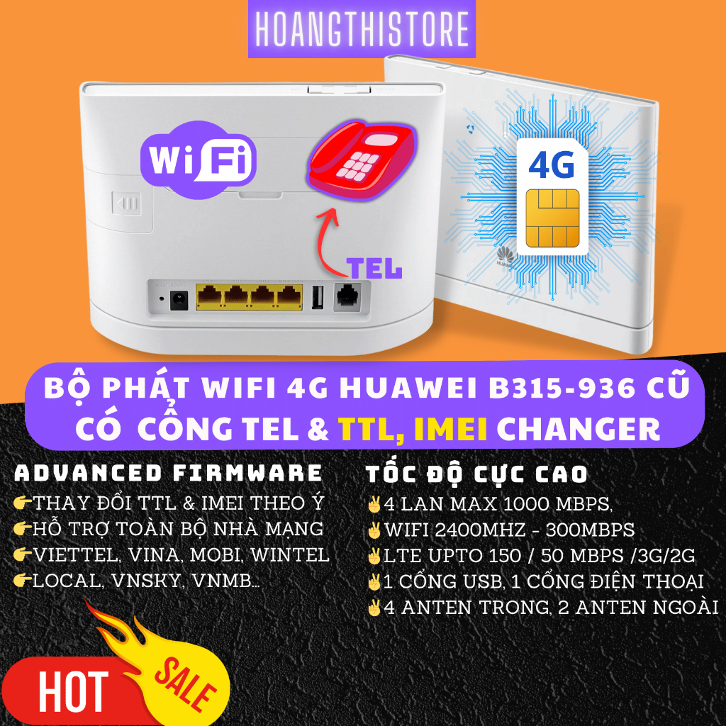 Bộ phát WIFI SIM 4G 3G có cổng Tel HUAWEI B315s-936 cũ. Tàu cá xe khách. Router TTL IMEI Viettel Vin