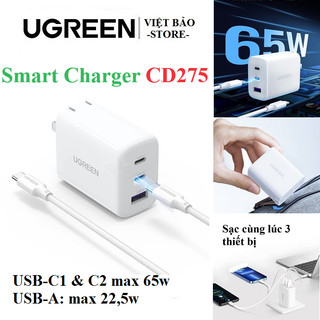 Sạc Nhanh 3 Cổng UGREEN Smart Charger 65W -CD275 ( 2 type-C + 1 USB-A )