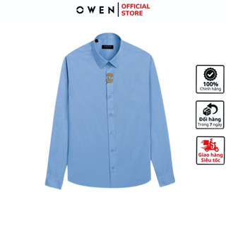 Áo sơ mi dài tay nam OWEN AR240533D somi công sở vải sợi tre cao cấp màu xanh họa tiết dáng suông tà lượn không túi