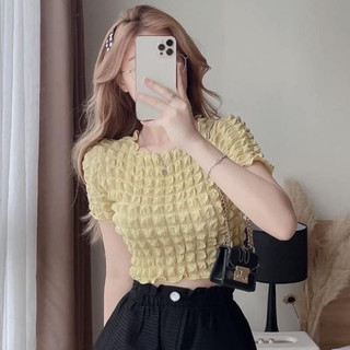 Áo croptop nữ cổ tròn dáng ngắn vải xốp nổi 3 màu hot hit, áo thun tay ngắn ôm body sang chảnh