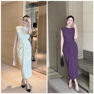 Set áo tay hến phối chân váy midi xoắn eo