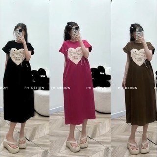 Đầm suông nữ thun cotton trái tim nơ cổ tròn tay ngắn túi eo Bingshopvn
