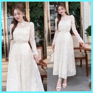 Set nữ áo dài tay + chân váy xòe phong cách nàng thơ - xu xu shop - đầm dự tiệc tơ cao cấp - ảnh thật