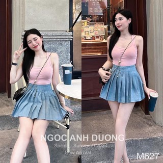 Set áo ba lỗ hồng body + chân váy jean xếp ly