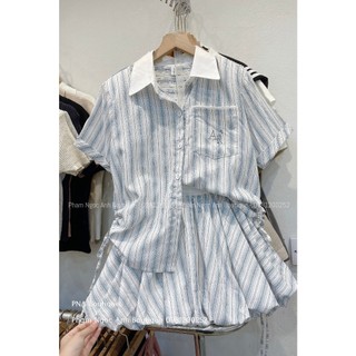 Set sơ mi kẻ sọc dây rút