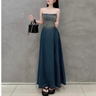 Đầm Maxi 2 dây nhún loang màu có túi, Váy đi biển đan lưng