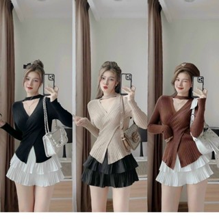 Áo Len Nữ Kiểu Vạt Chéo Ngực Dài Tay Chất Liệu Len Đũa Hàng Quảng Châu 29112