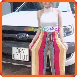 [CHẤT-ĐẸP] Quần Lanh Nữ Dài Sọc Màu Nhún Lưng Bo Gấu Alibaba Loại I - Đủ Size - Lucky Girl shop NHA TRANG