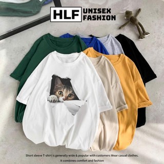 Áo thun tay lỡ Mèo con e thẹn size form rộng, áo phông size in form rộng HLFashion