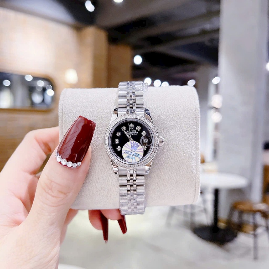 Đồng Hồ Nữ Rolexx (Full Box), Size: 28mm, Mặt Tròn, Dây Thép, Viền Đính Đá, Máy Pin Miyota Nhật